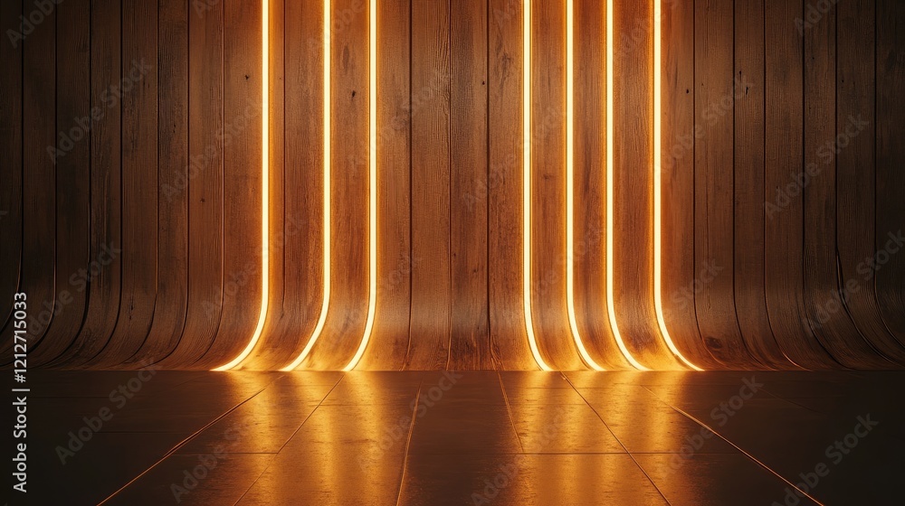 Poster wooden wall with illuminated curved neon lights creating a warm ambient background for modern interi