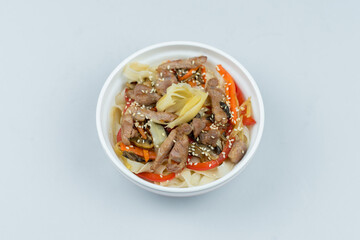 egg noodles, onion, bell pepper, mushrooms, carrots, 