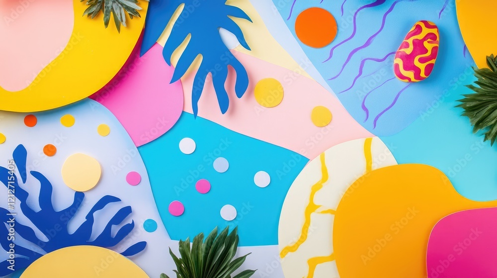 Poster colorful abstract composition featuring bold shapes tropical elements and dynamic patterns