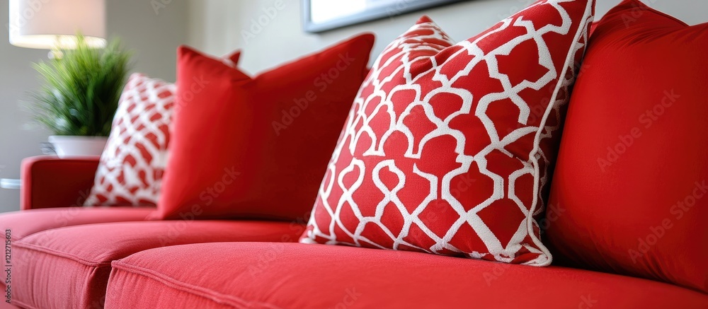 Poster luxurious red pillows on a plush red sofa creating an elegant and sophisticated atmosphere in a mode