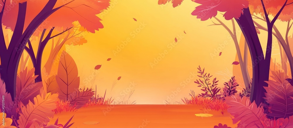 Poster vibrant autumn forest panorama with orange and purple foliage creating a tranquil background ideal f