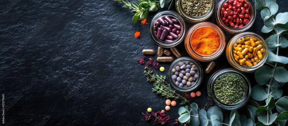 Poster Colorful jars of spice capsules in vibrant hues arranged on a dark slate background with eucalyptus leaves creating a natural aesthetic and empty space for text.