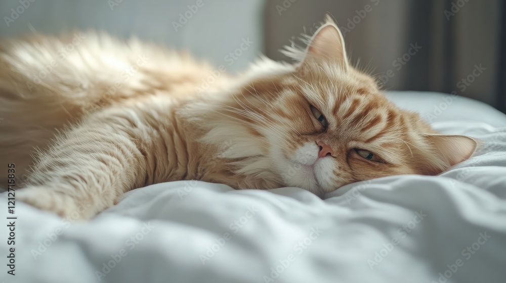 Poster close up portrait of a relaxed long haired orange tabby cat lounging on a soft white bed in a serene