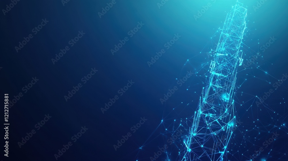 Poster blue background with a network of lines and dots representing digital connectivity and technology co