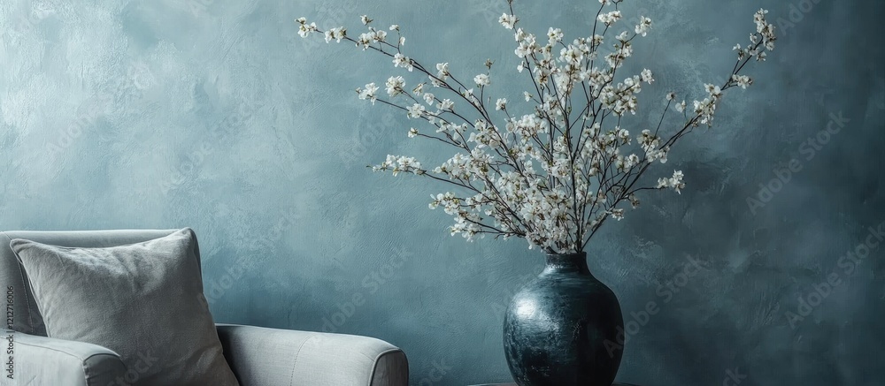Poster blossoming branches in a vase elegantly arranged next to a stylish armchair on a softly lit table wi