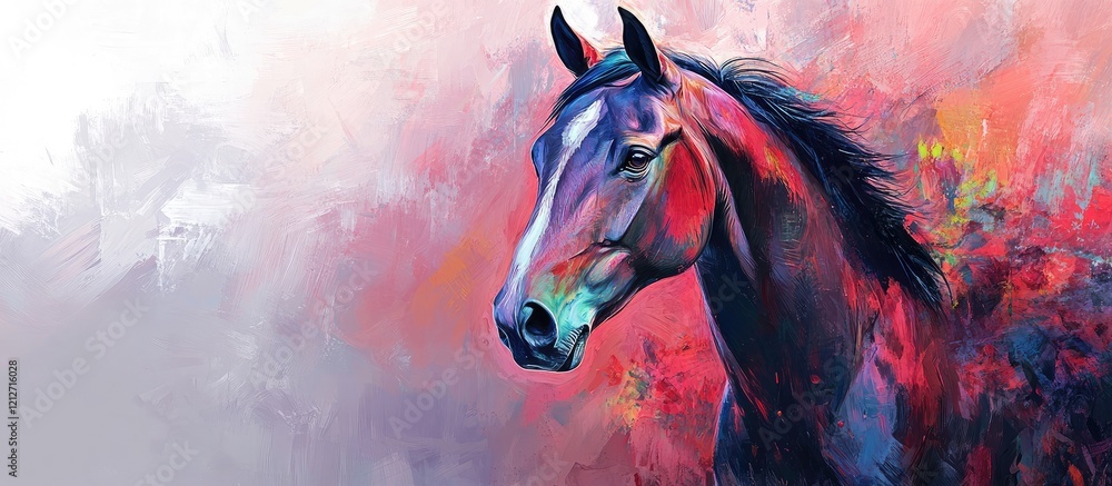 Poster Vibrant portrait of an Arabian horse with colorful abstract background in rich reds and purples, featuring ample text space for creative use