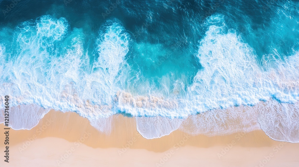 Poster aerial view of turquoise ocean waves crashing on a tropical beach with inviting blue and white color