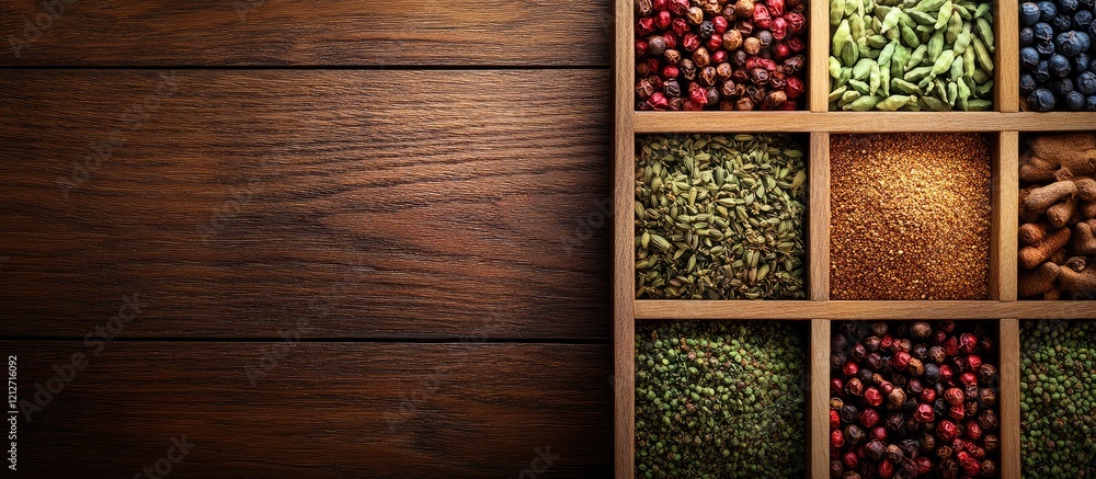 Poster colorful array of spices in rustic wooden containers on a dark wooden market table highlighting culi