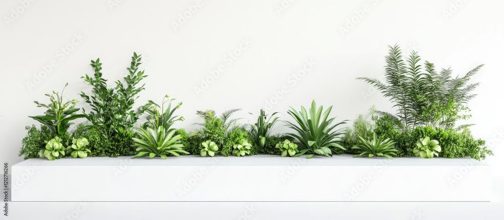 Poster Vertical White Podium Displaying Lush Green Plants Against a Bright White Background Featuring Abundant Empty Space for Text and Design Elements