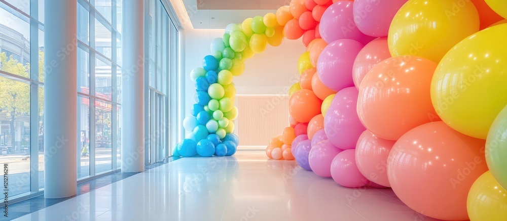 Poster vibrant rainbow colored balloon arch creating a festive atmosphere in a bright modern indoor setting
