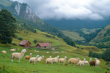 Obraz premium Lush green landscape with grazing sheep and rustic farmhouses nestled against majestic mountains under a cloudy sky