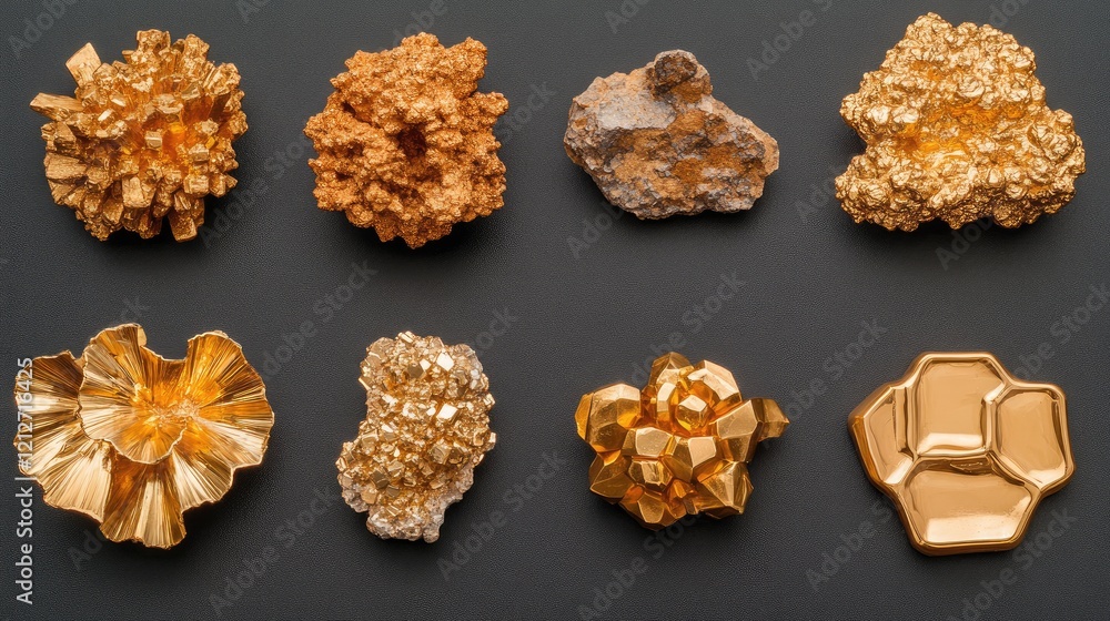 Aufkleber close up view of diverse gold nuggets emphasizing their unique luster and crystal formations set aga