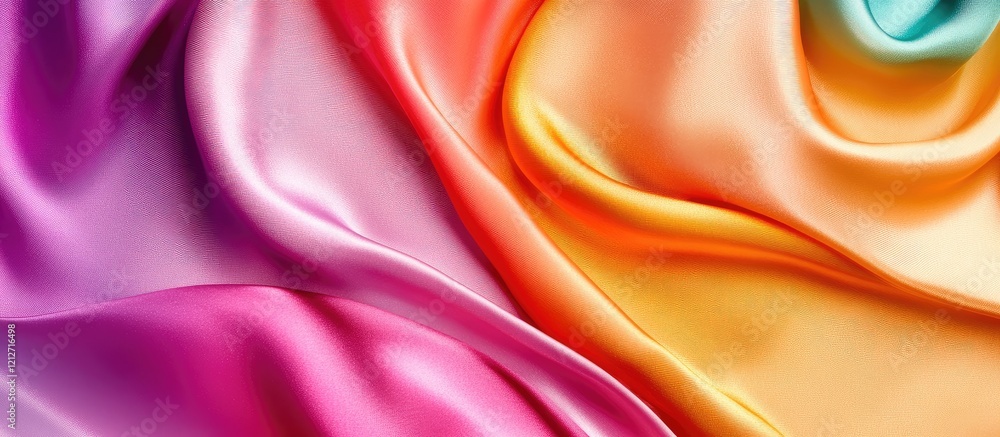 Poster vibrant multicolored silk fabric texture in warm tones with smooth flowing drapes and blank space fo