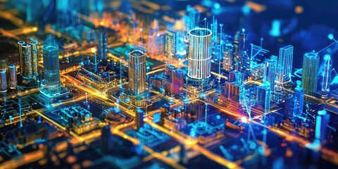 Naklejka premium Urban planning in a futuristic city, featuring robotic systems, smart technology, and advanced design elements in a high-tech environment.