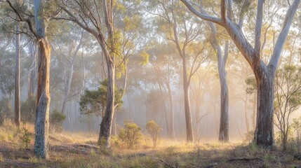 Sunlit Eucalyptus Forest In Morning Mist