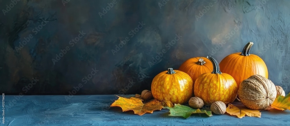 Aufkleber vibrant autumn setting with assorted orange pumpkins, walnuts, and colorful fall leaves on a texture