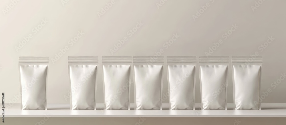 Poster Minimalist vertical product display stand showcasing a row of long empty white packets against a neutral beige background with ample space for branding.