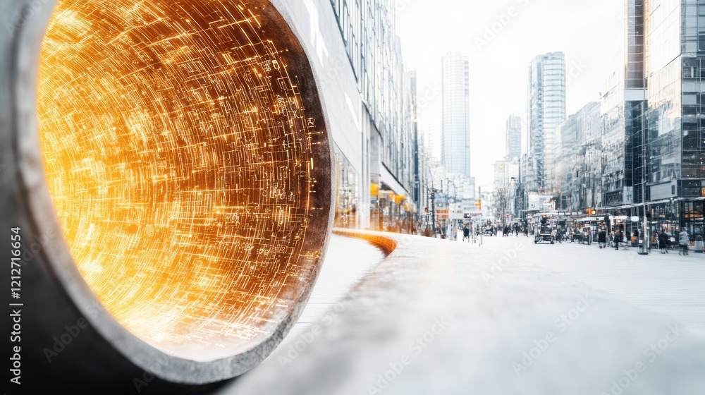 Poster a large metallic pipe is illuminated by a yellow light, creating a striking visual contrast against 