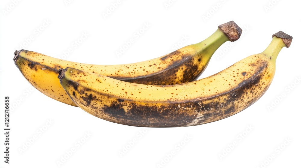 Poster two overripe bananas with black spots isolated on a clean white background suitable for food and nut
