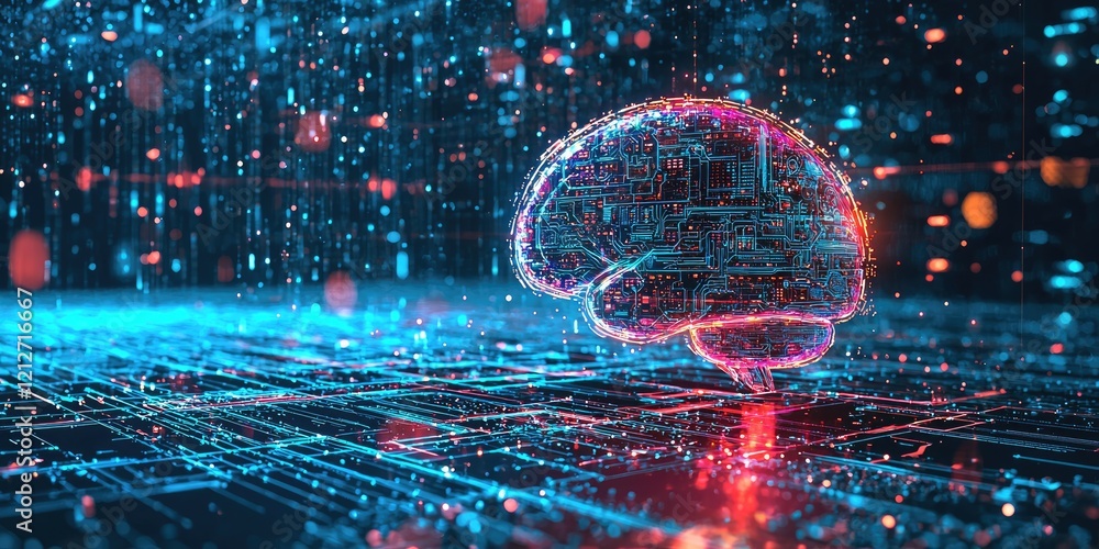 Fototapete A futuristic AI system in a cyberpunk environment, featuring glowing neural networks, advanced data processing, and a vibrant, high-tech aesthetic.