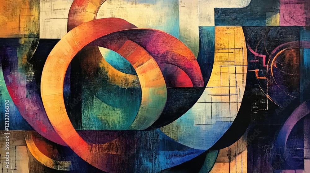 Poster colorful abstract artwork featuring dynamic swirling shapes and textures that create a captivating v