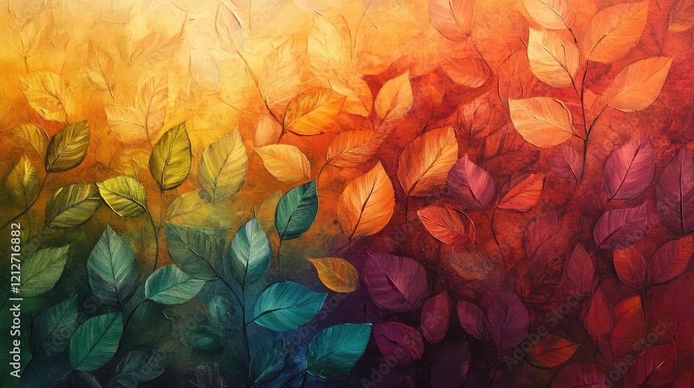 Poster textured autumn leaves displaying vibrant orange yellow red and green colors creating a colorful nat
