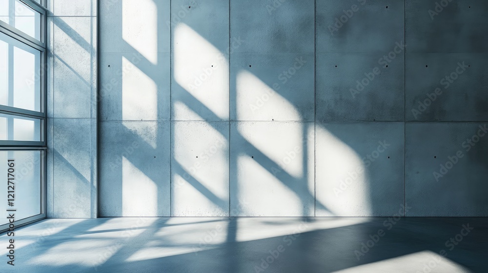 Aufkleber Modern interior space with vertical poster frame large windows creating dynamic shadows on textured concrete wall