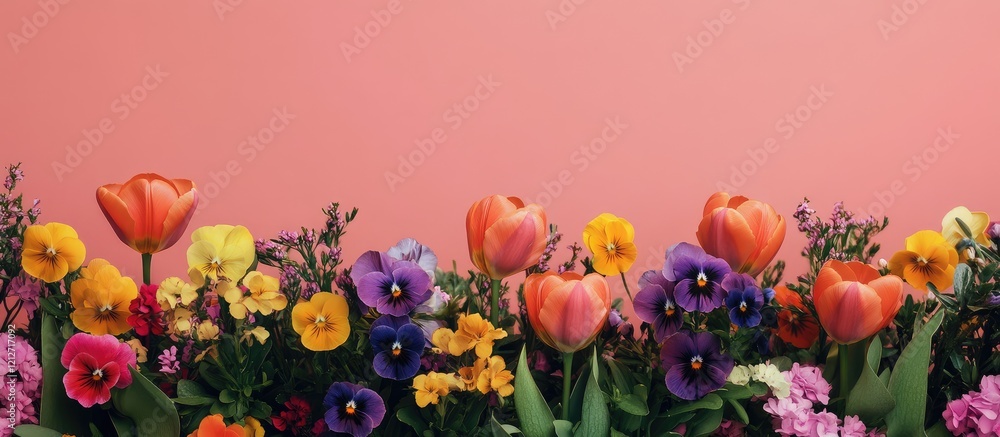 Poster colorful spring flower arrangement featuring vibrant tulips and pansies against a soft pink backgrou