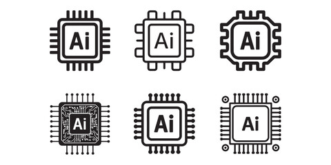 Ai electronic chip. Silhouette, black, computer chip, artificial intelligence. Ai chip vector icons