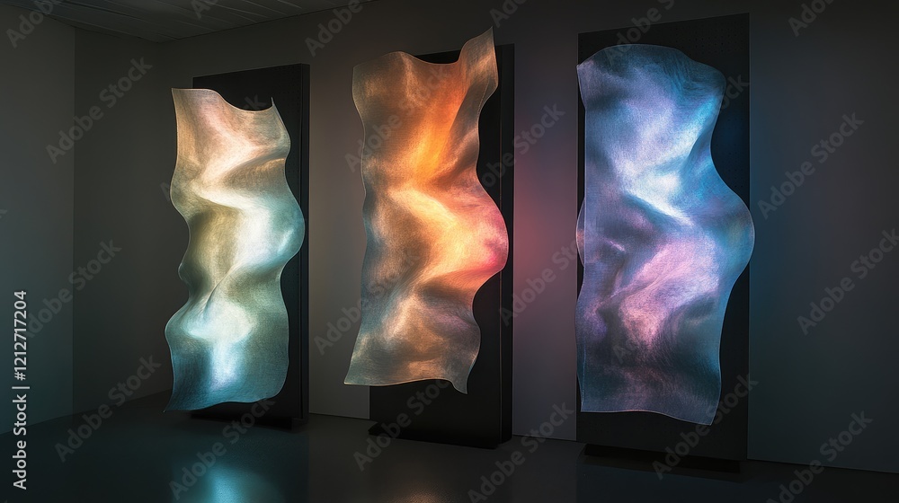 Poster Abstract Art Installation with Dynamic Lighting and Flowing Forms in Contemporary Gallery Setting