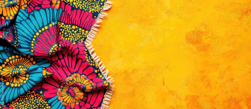 Poster Colorful African wax print textiles draped on vibrant yellow background creating space for text enhancement in a cultural and artistic setting