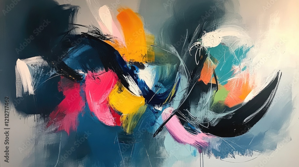 Poster dynamic abstract painting featuring bold colors and energetic brush strokes on a textured background