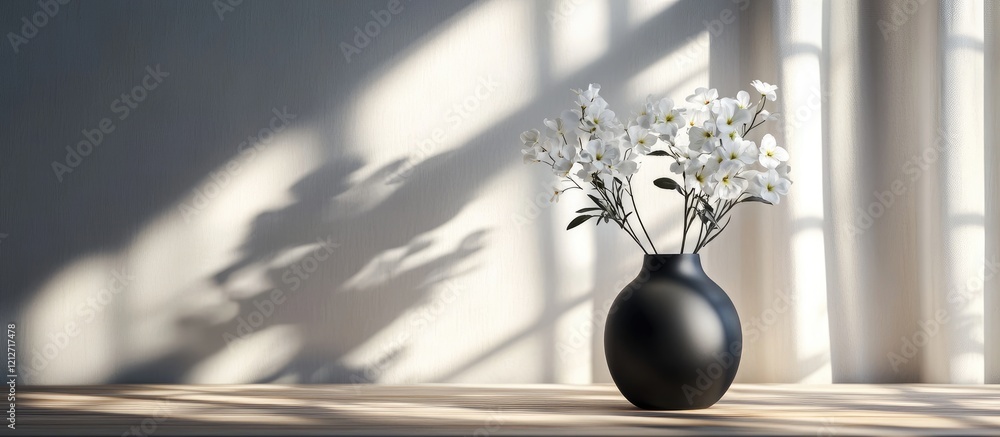 Poster Minimalist black vase with white bouquet on wooden table dramatic shadows from curtains elegant decor empty space for text