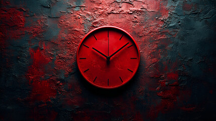 A simple red clock hangs on a dark, textured wall with red splashes