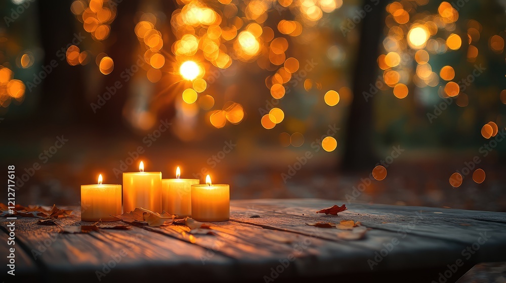 Aufkleber autumn forest scene featuring festive lit candles on a rustic wooden table surrounded by golden boke