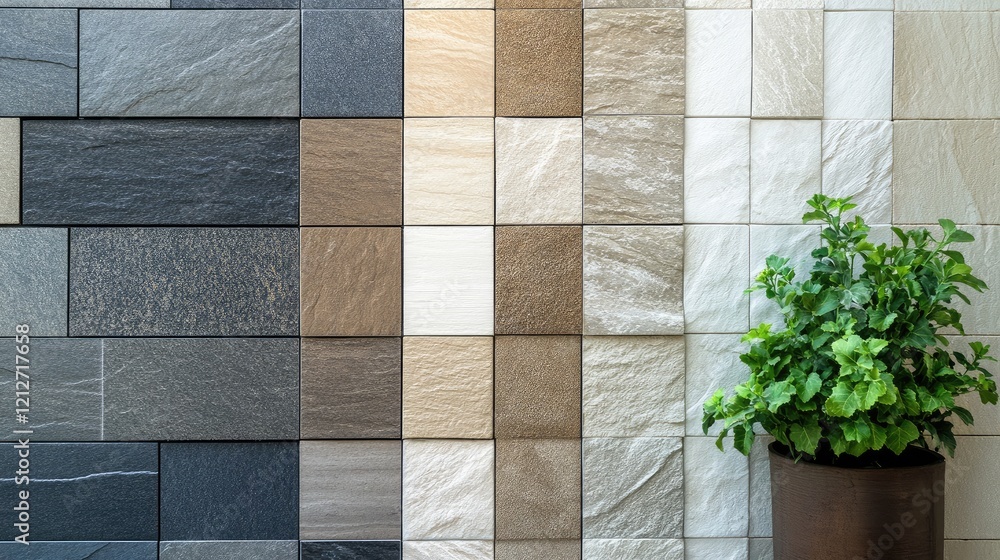 Poster contemporary tile designs with diverse textures and colors arranged vertically enhancing modern inte