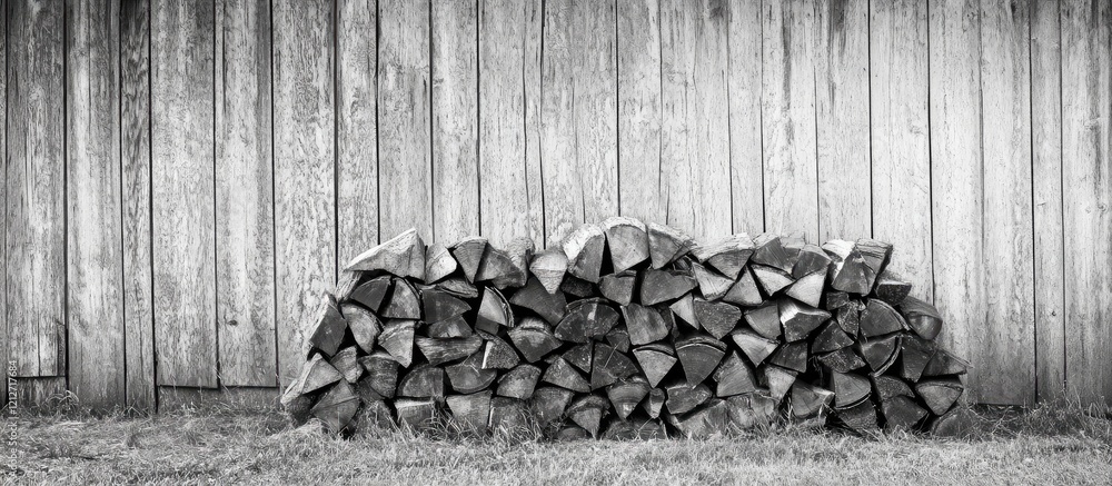 Poster vertical monochrome photograph showcasing neatly stacked firewood against a weathered rustic wooden 