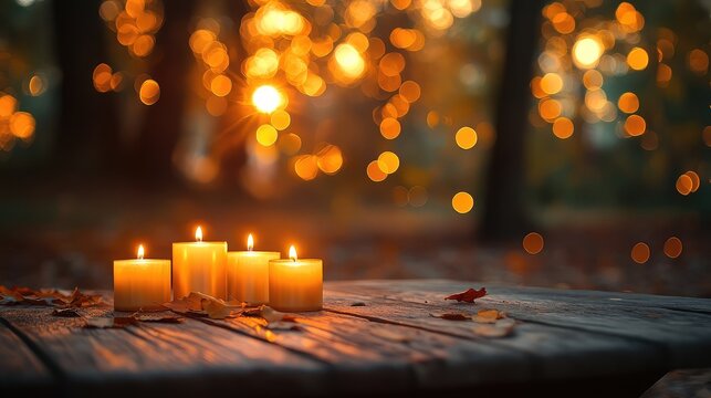 Autumn forest scene featuring festive lit candles on a rustic wooden table surrounded by golden bokeh lights and colorful fallen leaves creating a warm ambiance