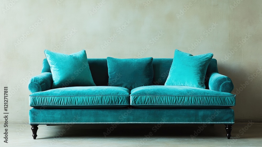 Poster Turquoise rectangular sofa adorned with soft light cushions set against a minimalist plain wall for contemporary interior design aesthetics