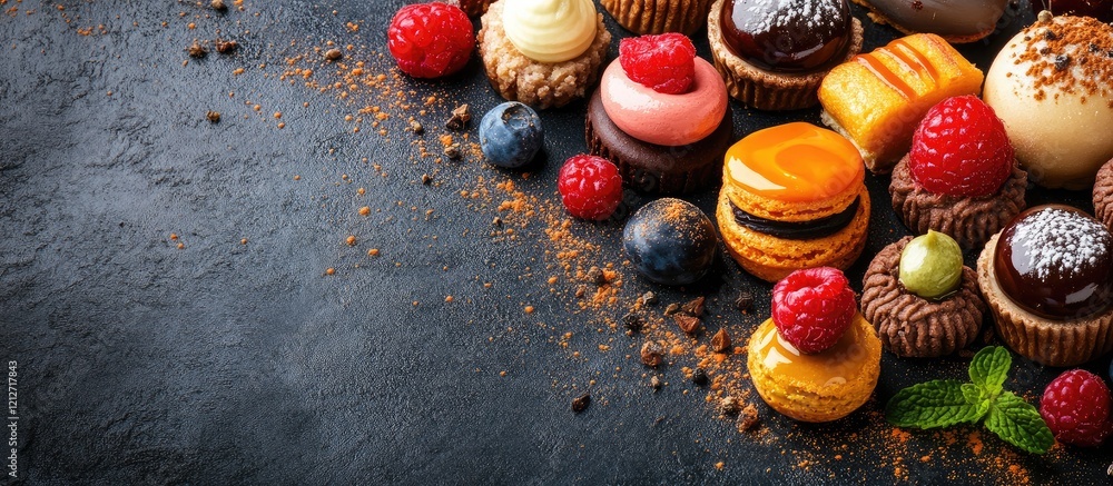 Poster colorful gourmet desserts and pastries arranged on a dark slate background with fresh berries and mi