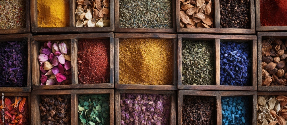Aufkleber Assorted vibrant spices in wooden square containers arranged at market display highlighting rich colors and cultural diversity with negative space for text.