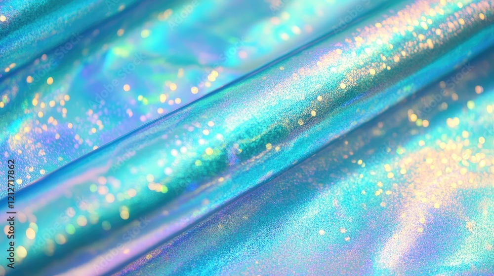 Poster shimmering turquoise holographic foil texture with glimmering highlights and fluid surface