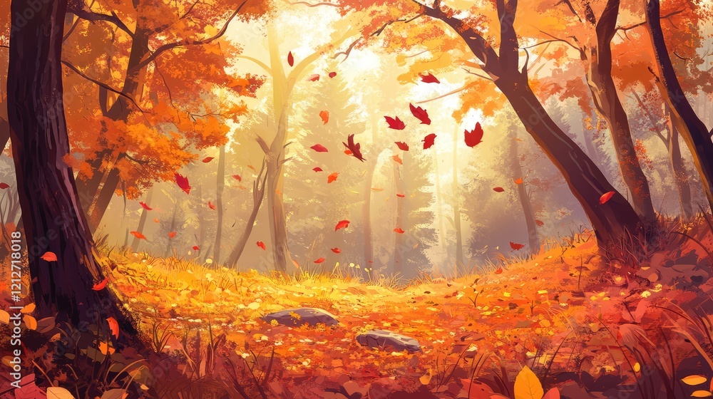 Poster vibrant autumn forest scene featuring golden and orange foliage with gently falling leaves, soft sun