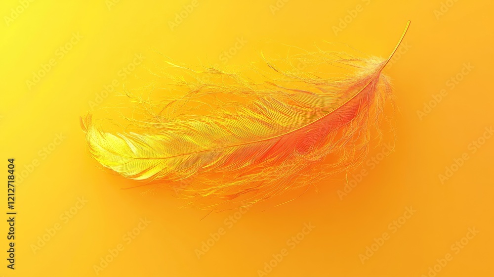 Poster Vibrant abstract feather with golden hues floating on a warm yellow background creating a serene and uplifting visual experience