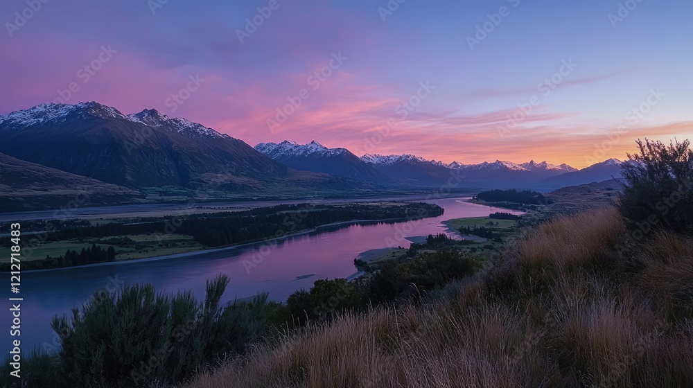 Poster serene twilight over majestic mountain range with calm river reflecting colors in the sky