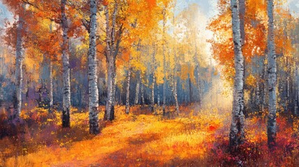 Fototapeta premium Vibrant autumn forest scene with golden and orange leaves illuminated by sunlight filtering through tall birch trees in a serene landscape.