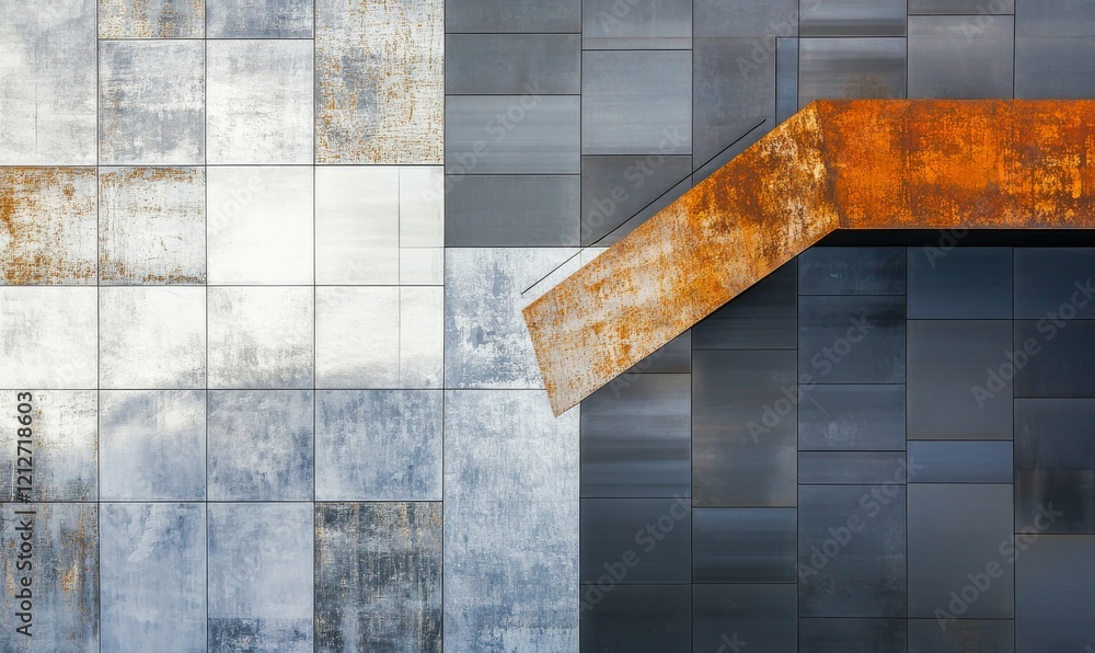 Poster overhead view of the same aluminium sheet background with a hint of rust on it, modern architecture,