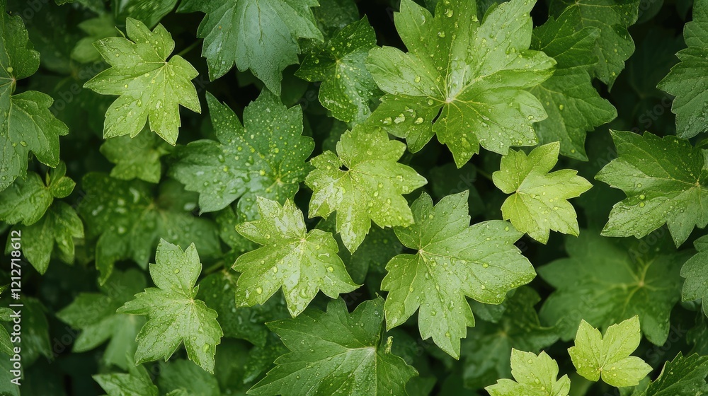 Poster lush green leaves with water droplets creating a refreshing natural background for nature-themed des