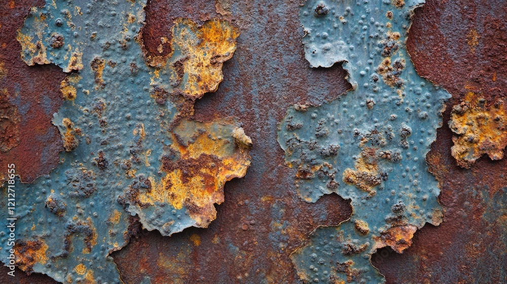 Poster natural rust patterns on weathered steel showcasing vibrant colors and textures, highlighting both b