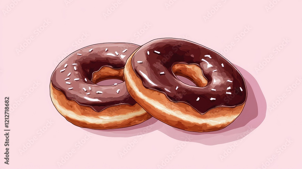 Aufkleber delicious chocolate glazed doughnuts with white sprinkles on a soft pink backdrop creating a vibrant